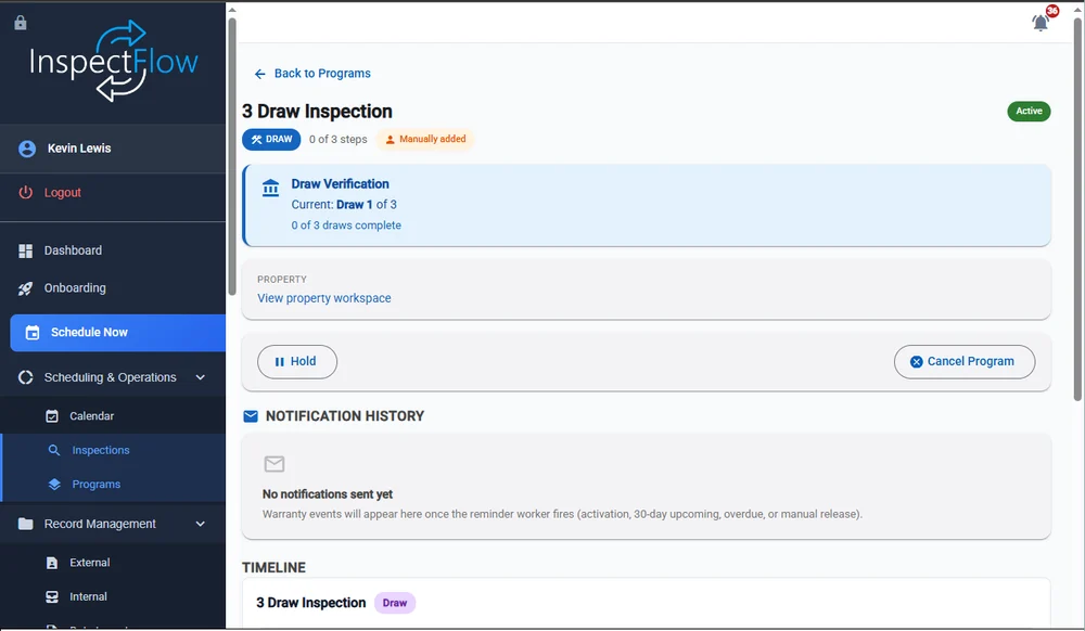 Programs · Draw / Phase / Warranty in InspectFlow